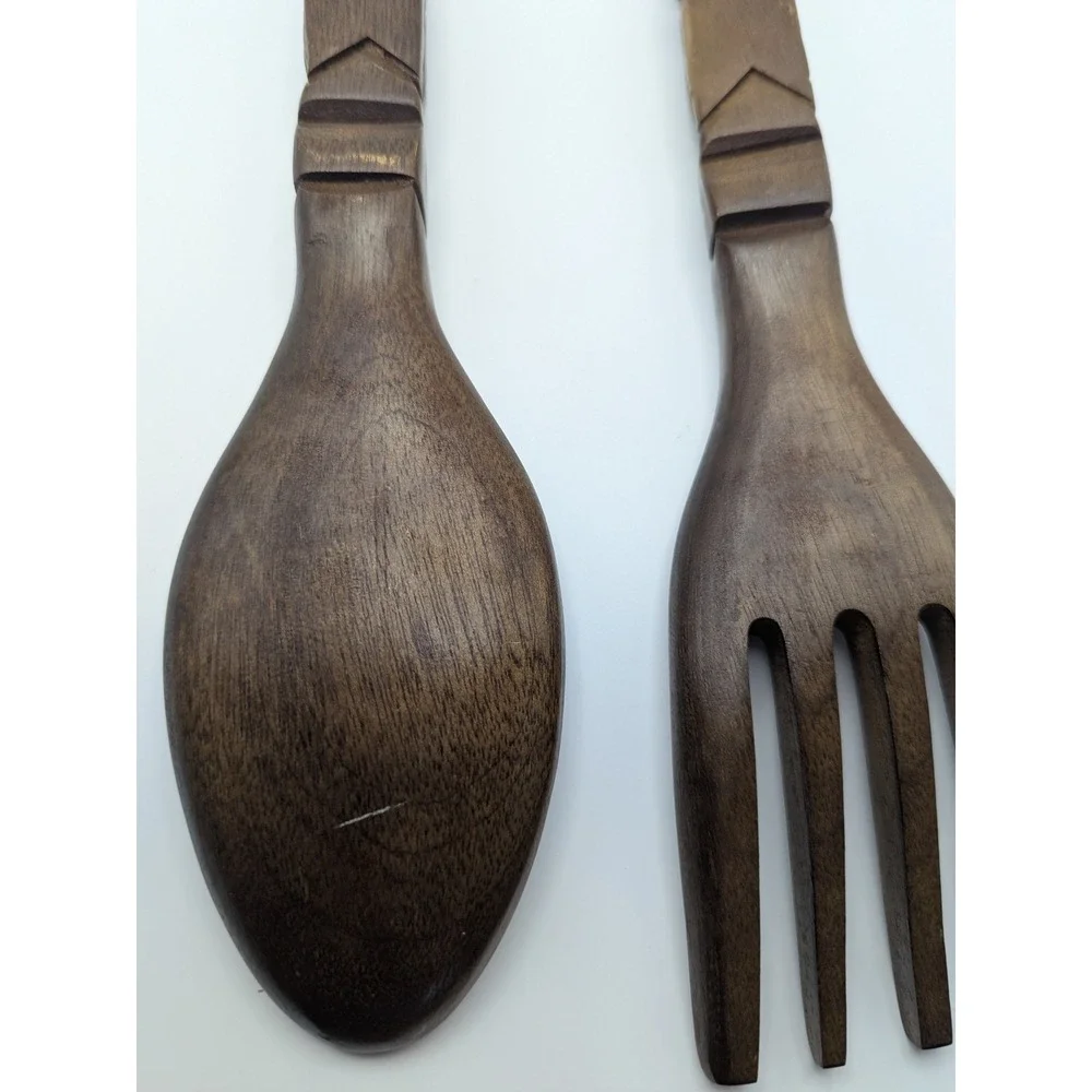 Vintage Tiki Wood Spoon and Fork Set Wall Decor Hawaiian Islands Kitchen Utensil